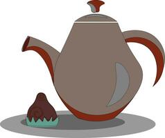 ClipArt av en brun tekanna och en godis symbolisera kväll te tid, vektor eller Färg illustration.