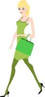 ein schön Frau Überschrift zu Einkaufen im passend Kleid und Handtasche, Vektor oder Farbe Illustration.