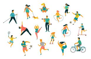 Weltgesundheitstag. Vector Illustration von den Leuten, die einen aktiven gesunden Lebensstil führen.