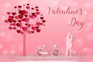 Liebe und Valentinstag, Liebhaber stehen, Papierkunstherz vektor