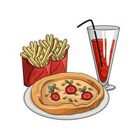 Pizza Peperoni, Französisch Fritten mit Glas trinken Illustration vektor