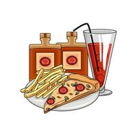 Pizza Peperoni, trinken, Französisch Fritten mit Flasche Soße Illustration vektor