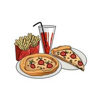 Pizza Peperoni, französisch Fritten mit trinken Illustration vektor
