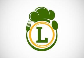 första alfabet l med kock hatt, sked och gaffel. modern vektor logotyp för Kafé, restaurang, matlagning företag, och företag identitet