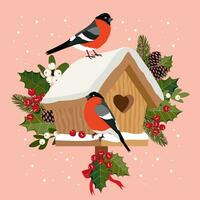 jul fågelholk med domherre. järnek, mistel, gran gren med en vinter- fågelholk och en fågel. illustrerade vektor ClipArt.