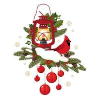 ein rot Kardinal Vogel auf ein Tanne Ast mit ein Jahrgang rot Laterne und Weihnachten Luftballons. Jahrgang Lampe dekoriert mit Stechpalme, Mistel, Fichte Geäst mit ein mit Haube Vogel. illustriert Vektor Clip Art.