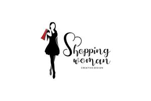 Vektor Silhouette von schön Frau Tragen Einkaufen Taschen, Einkaufen Frau Logo