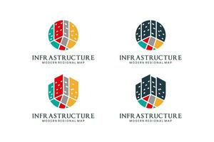 Infrastruktur Logo Design mit Vektor Karte und modern Gebäude Illustration