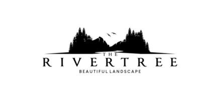 Fluss Bäume Logo Design, Hügel Bäume Fluss Landschaft Vektor Silhouette