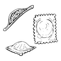 Hand gezeichnet Vektor Tinte Illustration. Ravioli pelmeni Pierogi Wareniki Gyoza Manti Wonton Gericht. einstellen von Single Objekt Elemente isoliert auf Weiß. zum Restaurant Speisekarte, Essen Geschäft und Paket, Flyer, drucken.