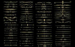 gyllene Färg sida delare och design element. uppsättning av olika enkel svart delare design, blandad delare samling mall vektor. samling av blommig avdelare element mega dekoration vektor