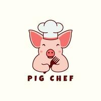 söt gris tecknad serie logotyp med gaffel och kock hatt vektor ikon symbol illustration design djur