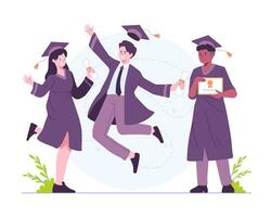 Vektor glücklich Studenten mit Abschluss Diplome. absolvierte Studenten feiern Abschluss von Hochschule, Universität, oder hoch Schule