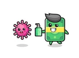 illustration av pengar karaktär jagar onda virus med hand sanitizer vektor