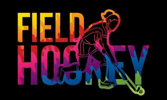 Feld Eishockey Schriftart Design mit weiblich Spieler Aktion Karikatur Graffiti vektor