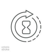 Anti Altern Sanduhr Symbol. einfach Gliederung Stil. warten schleppend Zeit, Anti alt, Uhr, Sanduhr mit runden Pfeil, Timer Konzept. dünn Linie Symbol. Vektor Illustration isoliert. editierbar Schlaganfall.