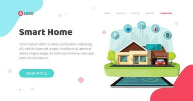 smart Hem av hus kontrollera teknologi eller automatisering trådlös säkerhet baner eller hemsida mall design vektor platt tecknad serie, webb webbplats landning sida eller flygblad modern trendig attrapp bild