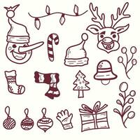 Hand zeichnen Gliederung einstellen Sammlung Weihnachten Elemente Clip Art mit Baum, Schneemann, Gnom, Geschenk, Weihnachtsmann, Rentier und Blumen- auf Weiß Hintergrund. vektor