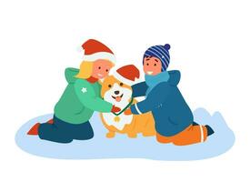 pojke och flicka i vinter- kläder kramas corgi i santa hatt med klocka utomhus. platt vektor illustration. isolerat på vit.