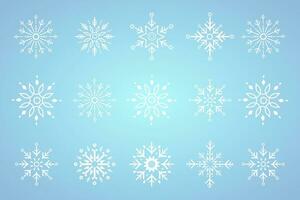 Gruppe von Weiß Schneeflocken zum Winter, Frühling und Weihnachten Elemente auf isoliert Blau Hintergrund, schneit Konzept Design vektor