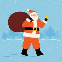 Santa claus gehen mit Weihnachten Tasche und Gold Glocke auf Winter Wald vektor