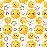 Vektor nahtlos Muster mit süß lächelnd Sonne kawaii Symbole. Himmel Hintergrund zum Kinder Mode, Kindergarten, Baby Dusche skandinavisch Design