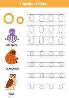 Rückverfolgung Alphabet Briefe zum Kinder. Tier Alphabet. Brief Ö ist zum Tintenfisch Orang-Utan Eule. vektor