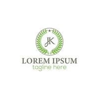 kreisförmig jk, kj Brief Lorbeer Kranz Element Logo zum Gewinner, vergeben, Champion, Leistung. Emblem Blumen- griechisch Ast Logo Vektor