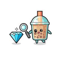 bubble tea maskot kontrollerar äktheten hos en diamant vektor