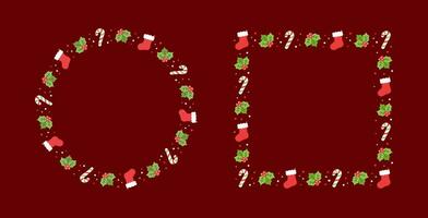 Weihnachten Rahmen Rand Satz, Winter Urlaub Grafik. süß Mistel, Santa Strumpf und Süßigkeiten Stock Muster, Karte und Sozial Medien Post Vorlage Vektor Illustration.