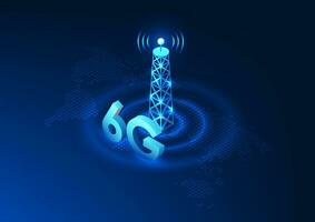 Telekommunikation Technologie, Signal Turm einstellen auf Welt Karte mit Übertragung Wellen es repräsentiert das Entwicklung von fortgeschritten Kommunikation Netzwerke zu verteilen Signale während das Welt. vektor