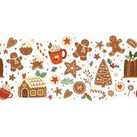 Weihnachten Backen nahtlos Rand mit Lebkuchen Häuser, Mann, Baum, Kekse, Süßigkeiten Stock, heiß Schokolade. Süss Winter Ferien Dessert wiederholen lange horizontal Banner. lecker Vektor Essen Illustration.