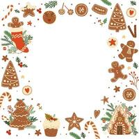 jul bakning ram med pepparkaka hus, efterrätt, pudding, gran träd, godis sockerrör. vektor gott vinter- bakad småkakor i glasyr. hälsning kort, baner, affisch. hand dragen bakverk mat illustration.