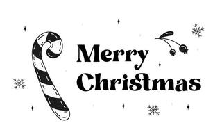 Weihnachten Karte mit festlich Süßigkeiten Stock Schneeflocken und Verspätung. Hand gezeichnet Weihnachten Grafik. Vektor Lager Illustration auf isoliert Weiß Hintergrund im Gekritzel Stil.