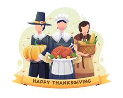 Pilger und indisches Mädchen feiern Thanksgiving-Vektor-Illustration vektor
