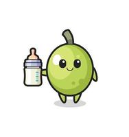 Baby-Oliven-Cartoon-Figur mit Milchflasche vektor