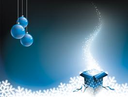 Vector Weihnachtsillustration mit Geschenkbox auf blauem Hintergrund