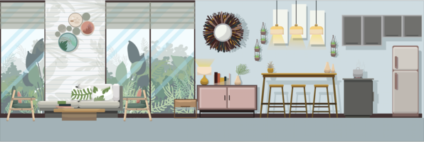Modernt tropiskt vardagsrum med möbler, Flat design vektor illustration.