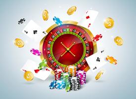 Casino illustration med roulette hjul, pokerkort, och spelar chips vektor