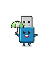 söt flash -enhet usb -illustration som håller ett paraply vektor