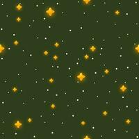 sömlös mönster av lysande stjärnor, gul konfetti, och snöflingor på en mörk grön bakgrund. magi gnistrande stjärnor. design för omslag papper, Semester förpackning, ny år textilier. Lycklig ny år vektor