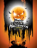 Vektor Glad Halloween illustration med svart himmel och pumpa månen på orange bakgrund.