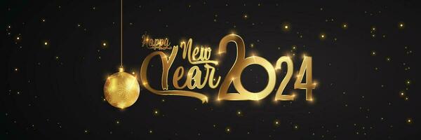 glücklich Neu Jahr von funkeln Gold Feuerwerk. Vektor golden glänzend Text und 2024 Zahlen mit funkeln scheinen zum Urlaub Gruß Karte.