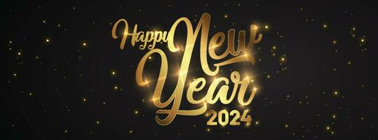glücklich Neu Jahr von funkeln Gold Feuerwerk. Vektor golden glänzend Text und 2024 Zahlen mit funkeln scheinen zum Urlaub Gruß Karte.