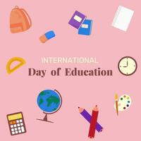 illustration för internationell utbildning dag, kort med skola objekt vektor