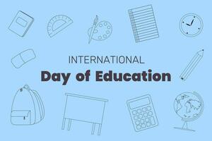 illustration med klotter för internationell utbildning dag, översikt av skola objekt vektor