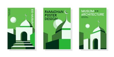 minimal moské affisch uppsättning samling. vektor illustration geometrisk stil grön islamic ramadan kareem baner, affisch design.