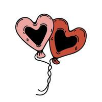 två hjärta formad ballonger bunden med rep, vektor ikon. festlig rosa och röd Tillbehör för hjärtans dag, bröllop, datum, kärlek fest. ljus tecknad serie klotter isolerat på vit. ClipArt för skriva ut, webb