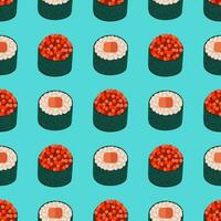 maki Sushi nahtlos Vektor Muster. japanisch Rollen mit roh Lachs, Thunfisch, rot Kaviar, Reis eingewickelt im nori Seetang. frisch Vorspeise, Fisch Delikatesse. traditionell asiatisch Meeresfrüchte. eben Karikatur Hintergrund