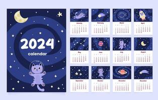 kalender 2024 mall med söt katt astronaut vektor